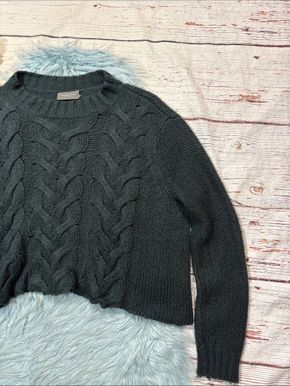 Wooden Ships Black Cropped Wide Cable Knit Mohair Wool Blend Sweater